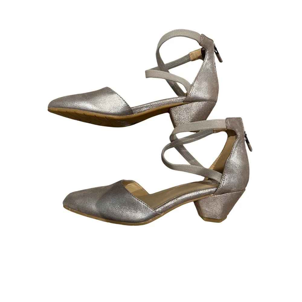 Eileen Fisher Metallic Silver‎ Pointed Toe Ankle Strap Heels Women Size 6.5
